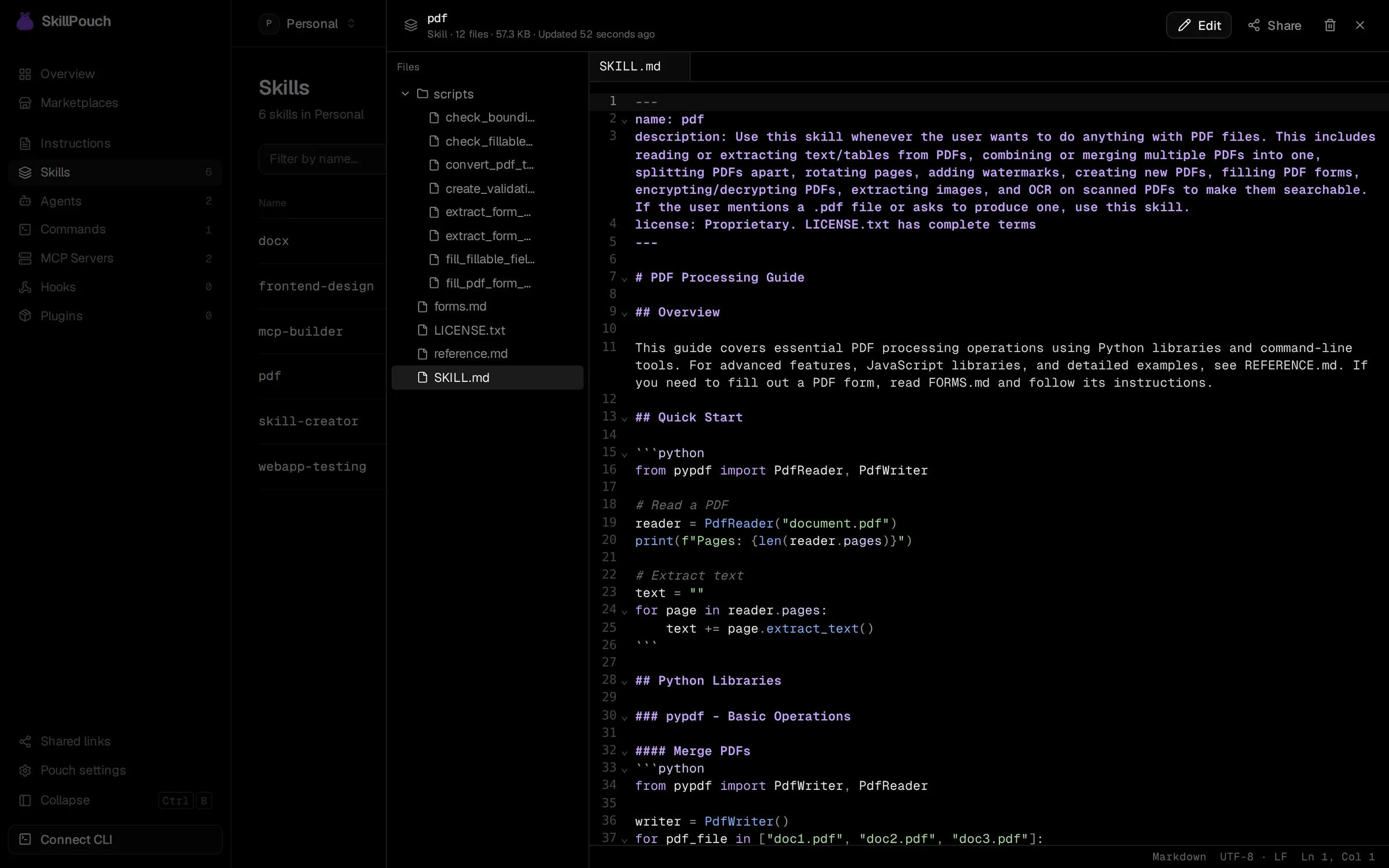 The SkillPouch web app showing the pdf skill: a file tree on the left and SKILL.md open with syntax highlighting.