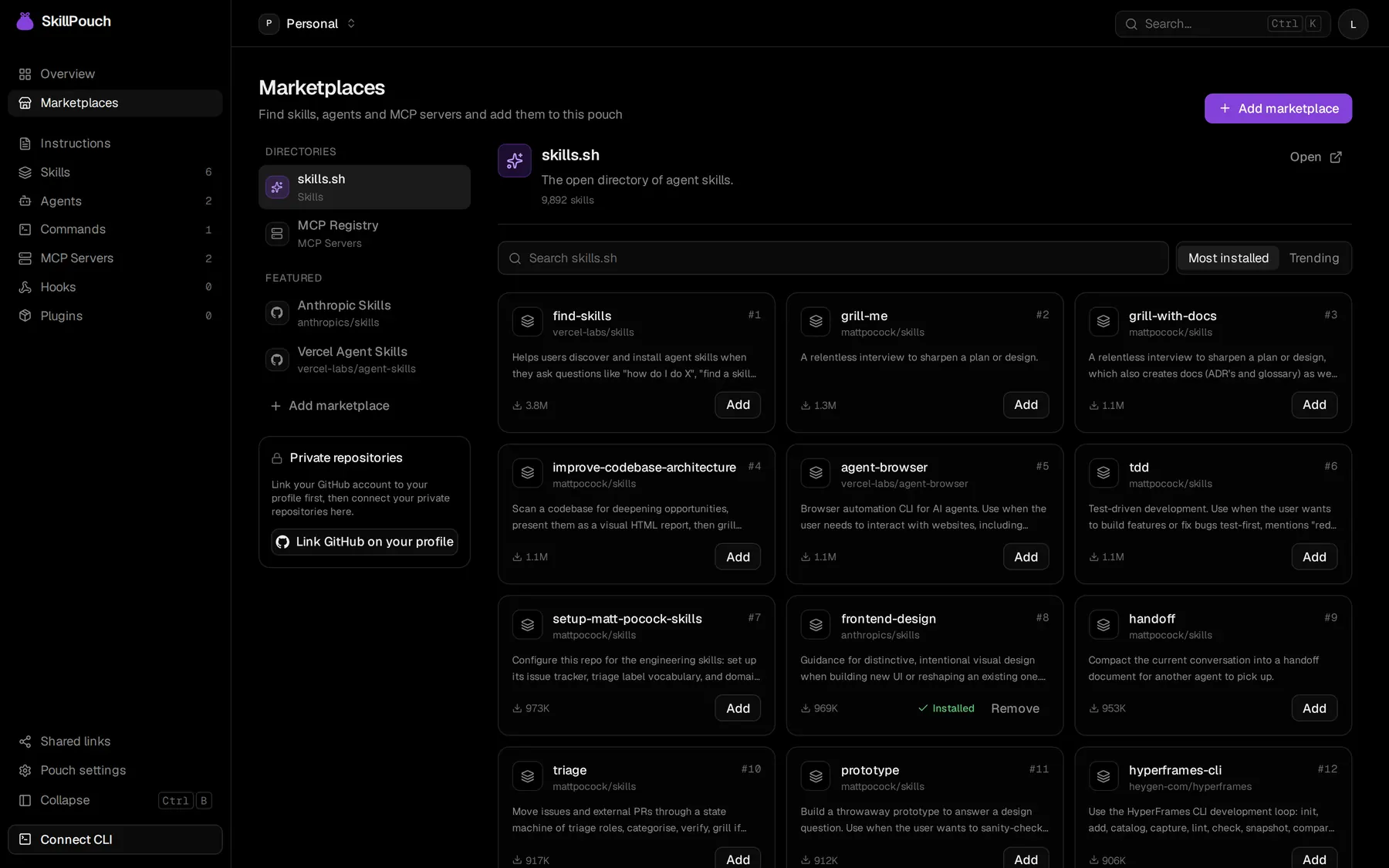 The marketplaces page listing popular skills from skills.sh, each with an Add button.